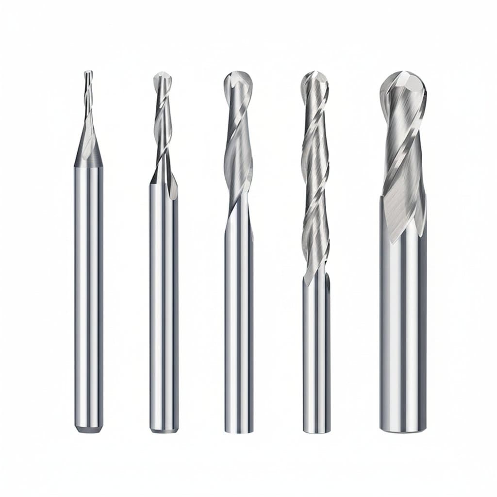 2-flute ball nose end mill with 3.175-8mm shank options for CNC engraving and wood milling applications, made from durable carbide.
