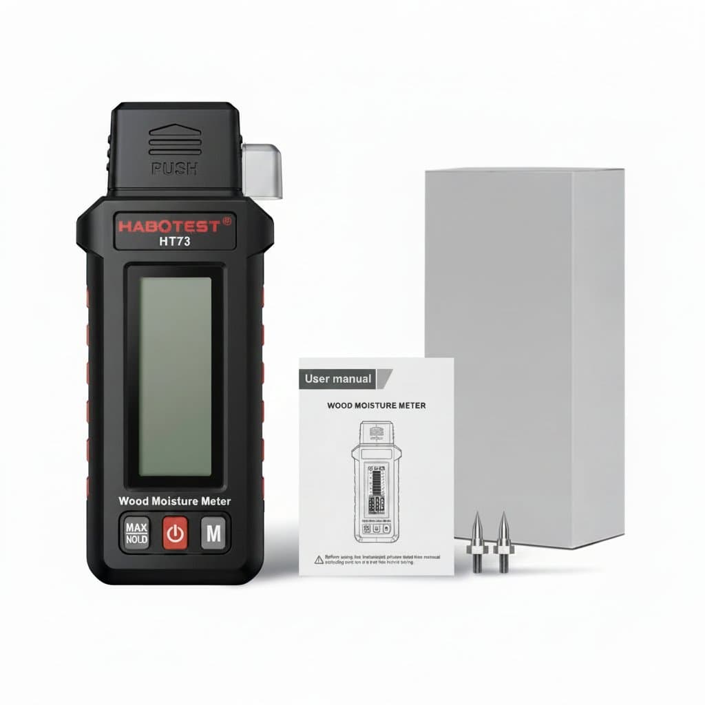 UNI-T UT377B Moisture Meter for wood and building materials, featuring a backlit LCD screen, LED flashlight, and protective cap.