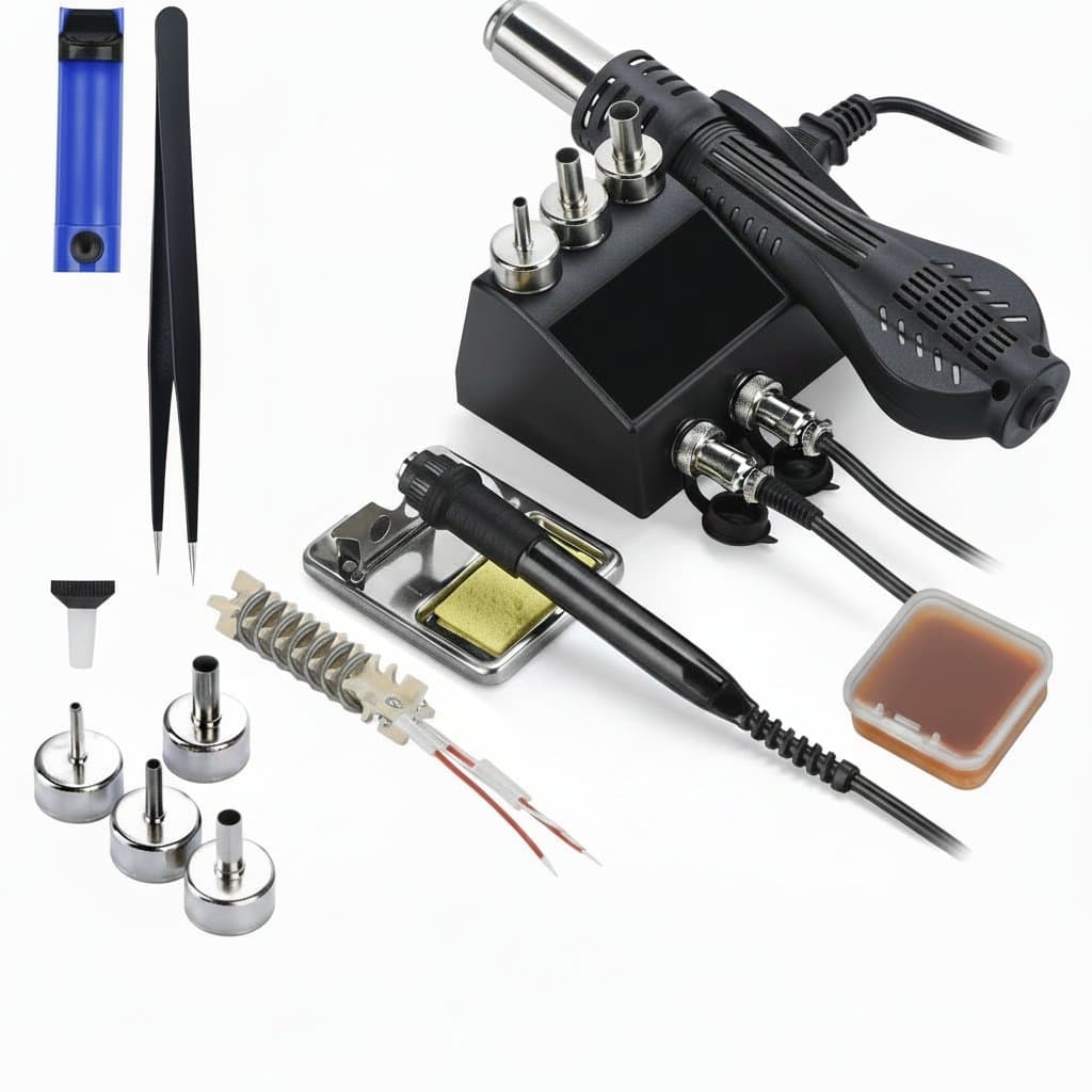 JCD 8898 750W 2-in-1 soldering and rework station with LCD digital display, featuring a soldering iron and hot air gun for electronics repair.