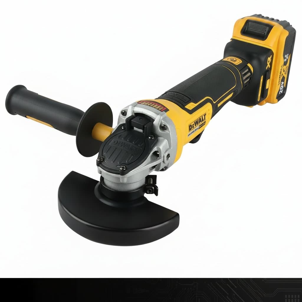 DEWALT DCG406 20V Cordless Angle Grinder with 125mm wheel, 9000 RPM speed and 680W power for cutting and grinding.