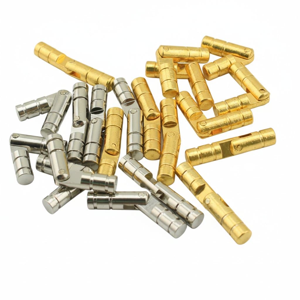 Set of 10 cylindrical brass hinges for concealed installation in jewelry boxes and furniture, featuring invisible barrel design when closed.