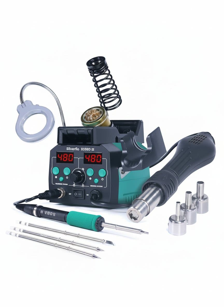 Silverflo 938BD-III professional soldering and hot air rework station with digital display, T12 iron, and auto sleep for SMD repair.