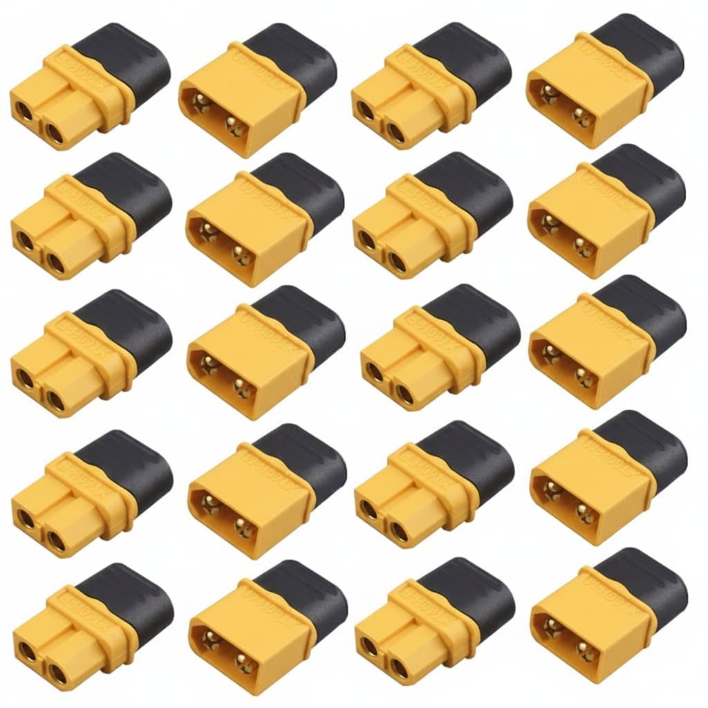 XT60H connector plug set with sheath housing, 5 male and 5 female pairs for RC LiPo batteries in cars, drones, and airplanes.