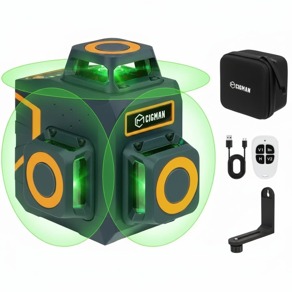 CIGMAN CM-701SE self-leveling 360-degree green beam rotary laser with 12 lines for 3D leveling and alignment tasks.