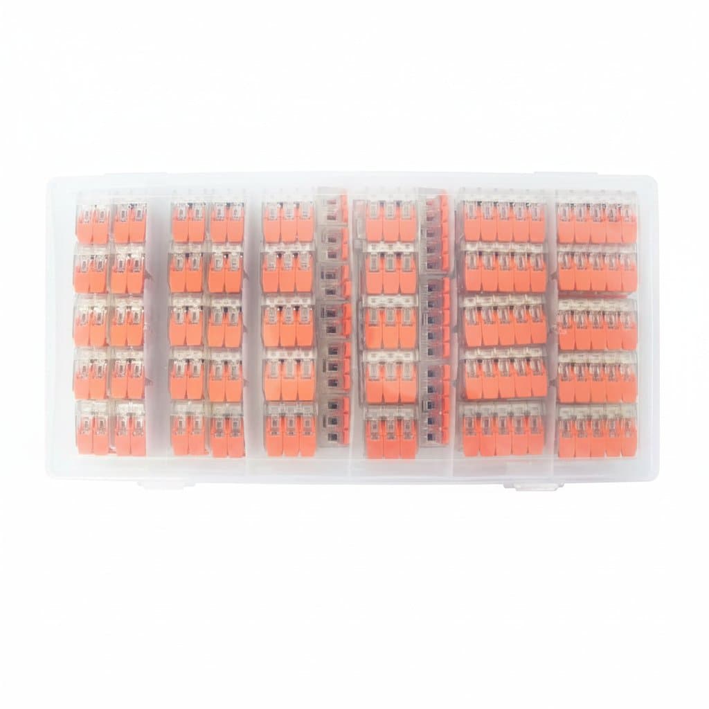 Transparent lever wire connector kit with 90 pieces of 2, 3, and 5 port push-in electrical connectors for secure splicing.