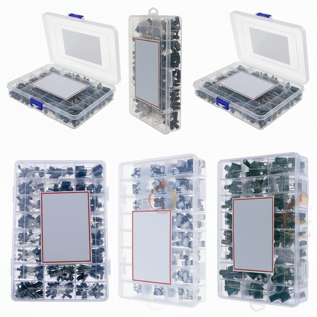Premium electrolytic capacitors assortment kit with values from 0.1uF to 1500uF and voltages 16V to 400V, neatly organized in a durable storage case.