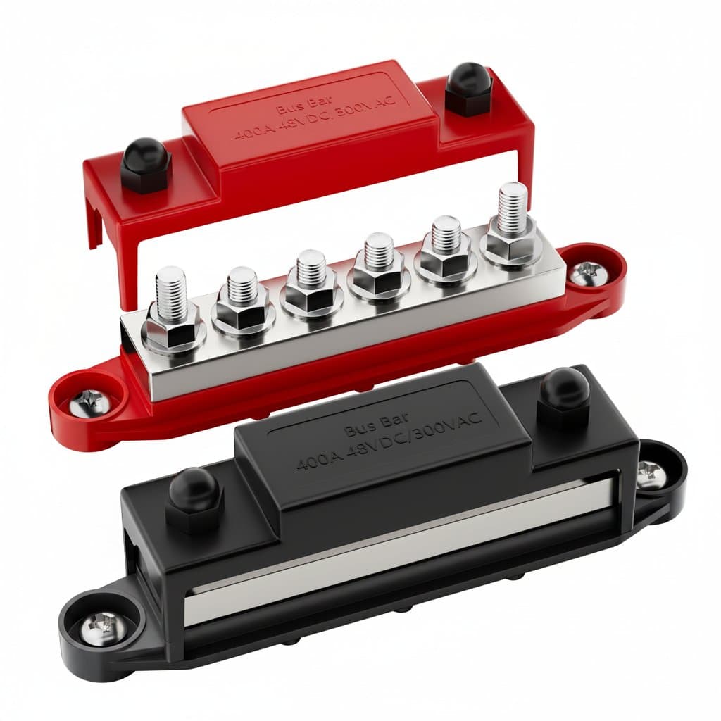 400A Bus Bar 12V power distribution block with six 5/16-inch studs for secure, high-current electrical connections in automotive or marine applications.