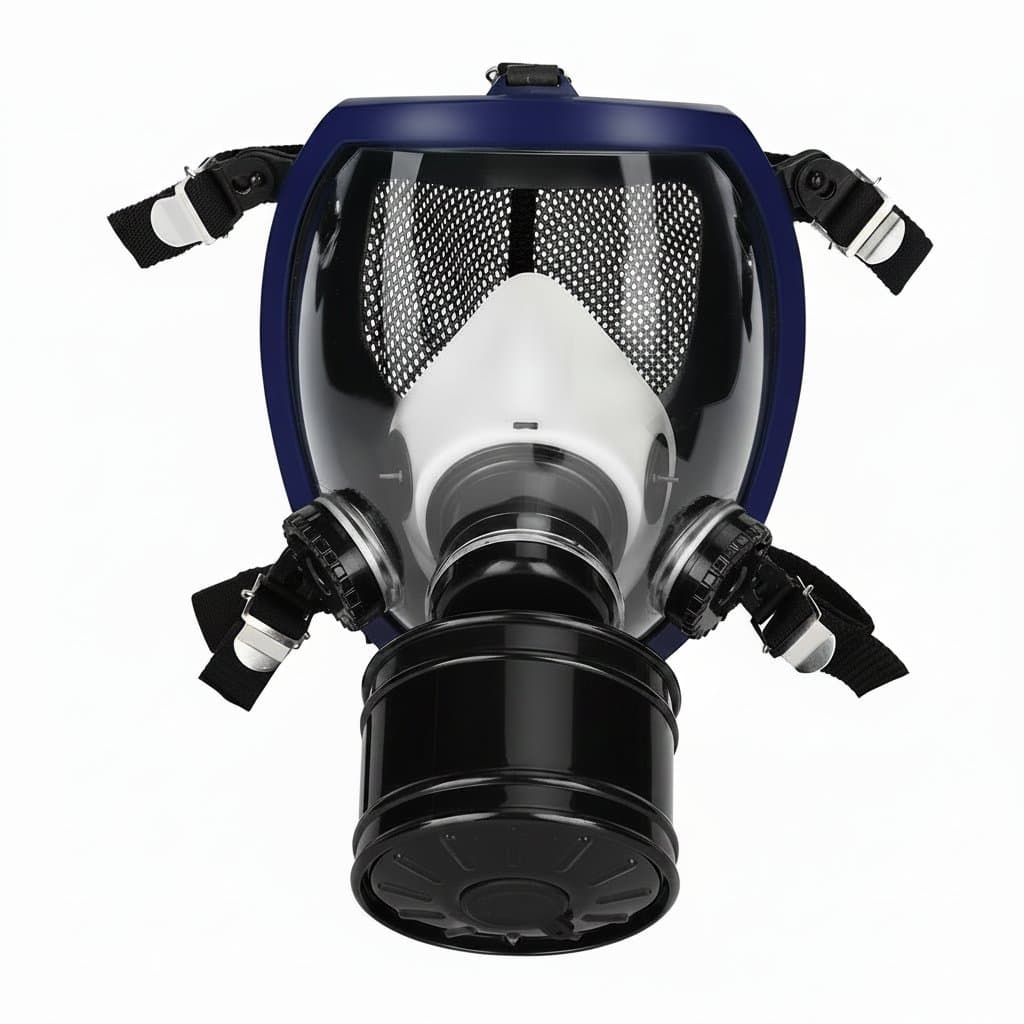Full face respirator gas mask with 40mm activated carbon filter canister for chemical fumes, spray paint, and tactical survival use.