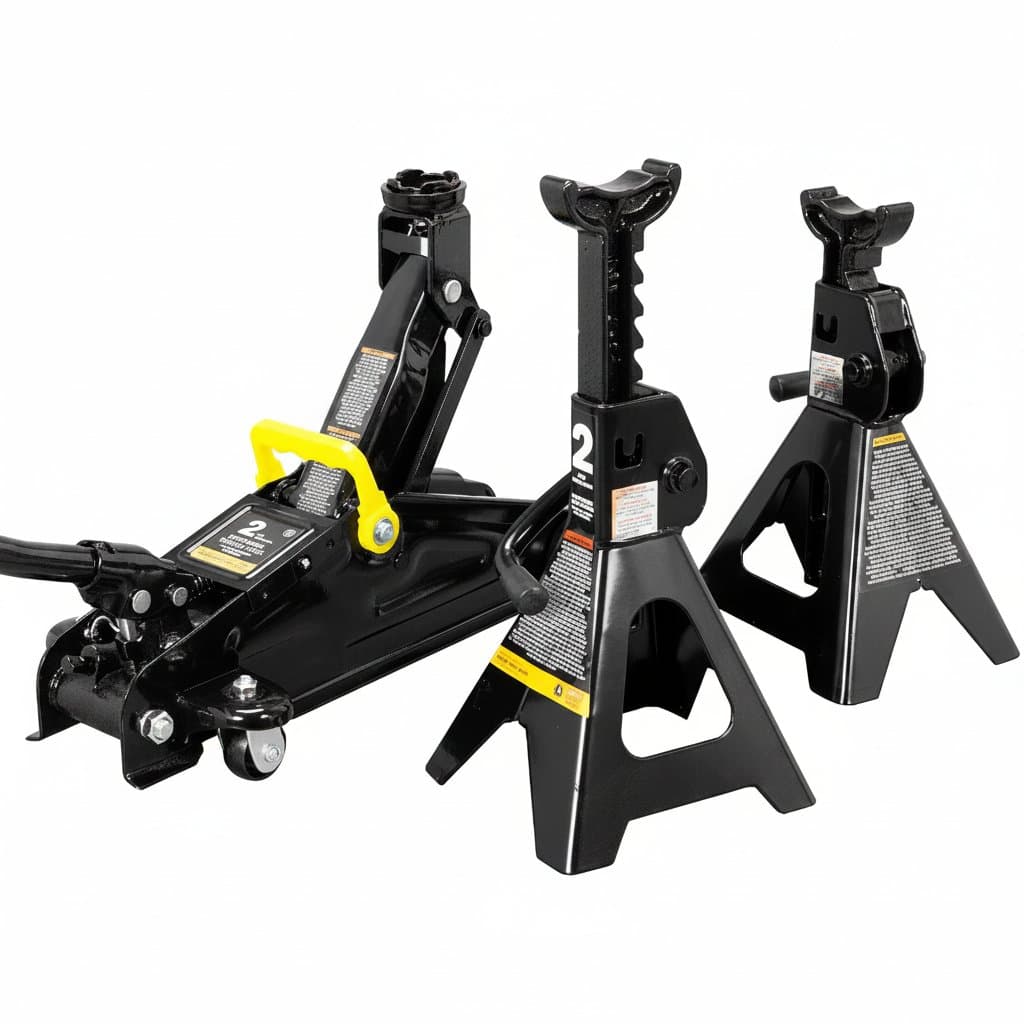 AT82001BR 2-ton hydraulic trolley jack and floor jack combo with two jack stands for automotive repair and maintenance.
