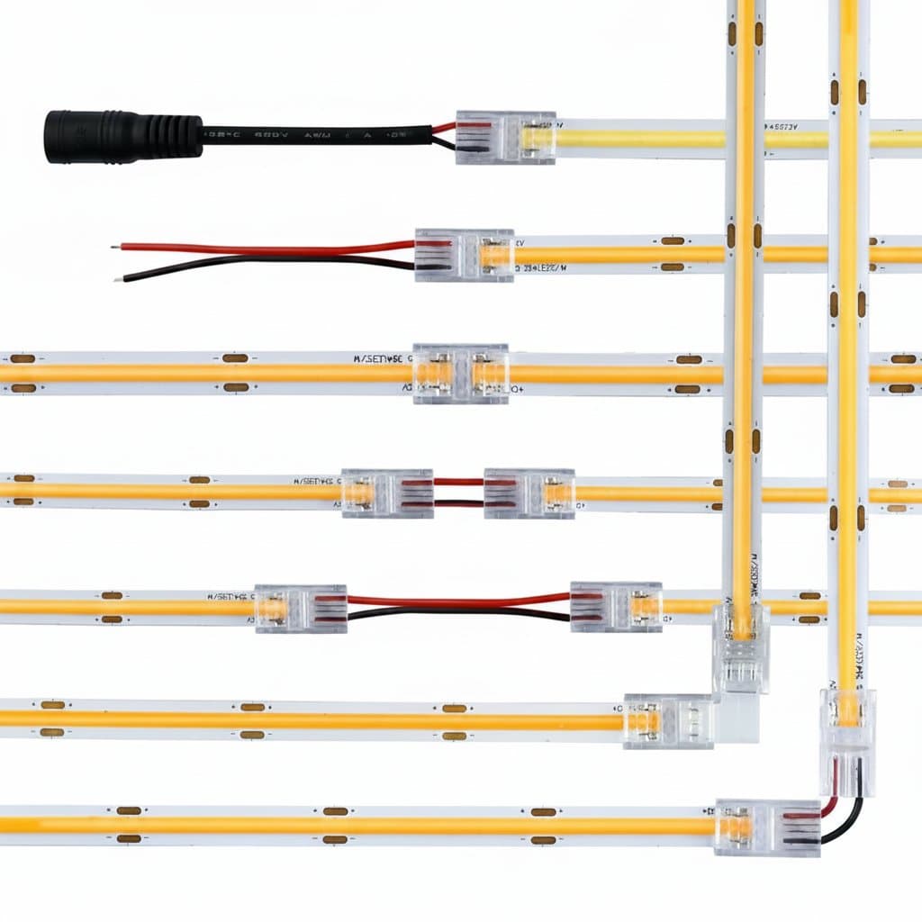 L-shaped corner connector for 8mm and 10mm wide COB LED strip lights, enabling 90-degree turns for seamless tape light installations.