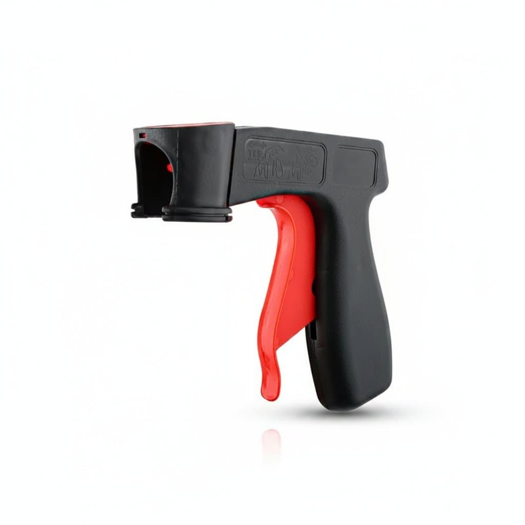 Reusable trigger handle attachment that converts standard spray cans into a controlled paint sprayer for DIY projects.