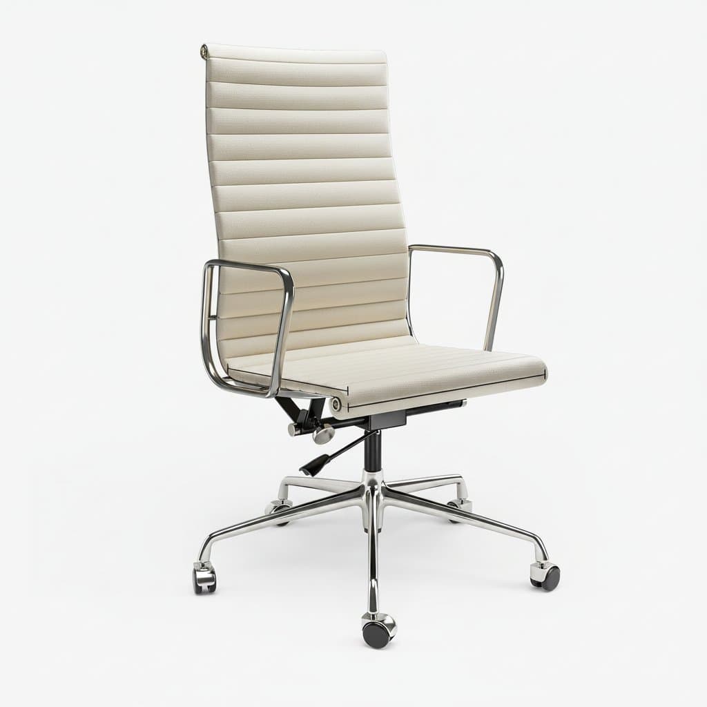 White genuine leather mid-back office chair with ribbed detailing, adjustable height, and ergonomic design for a study or professional workspace.