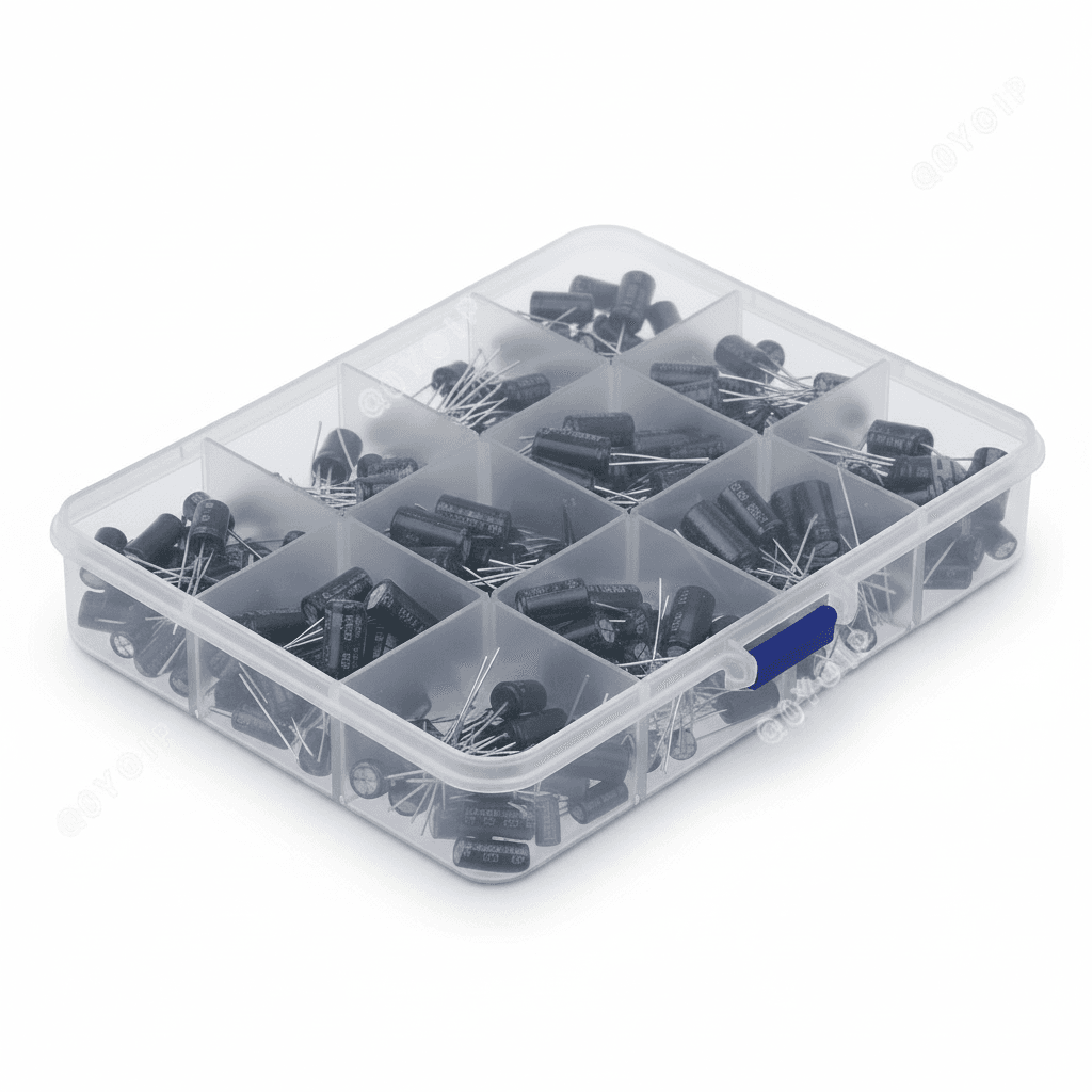300-piece assorted electrolytic capacitor kit with 15 types, ranging from 0.1uF to 470uF and 16V to 50V ratings, neatly organized in a reusable case.