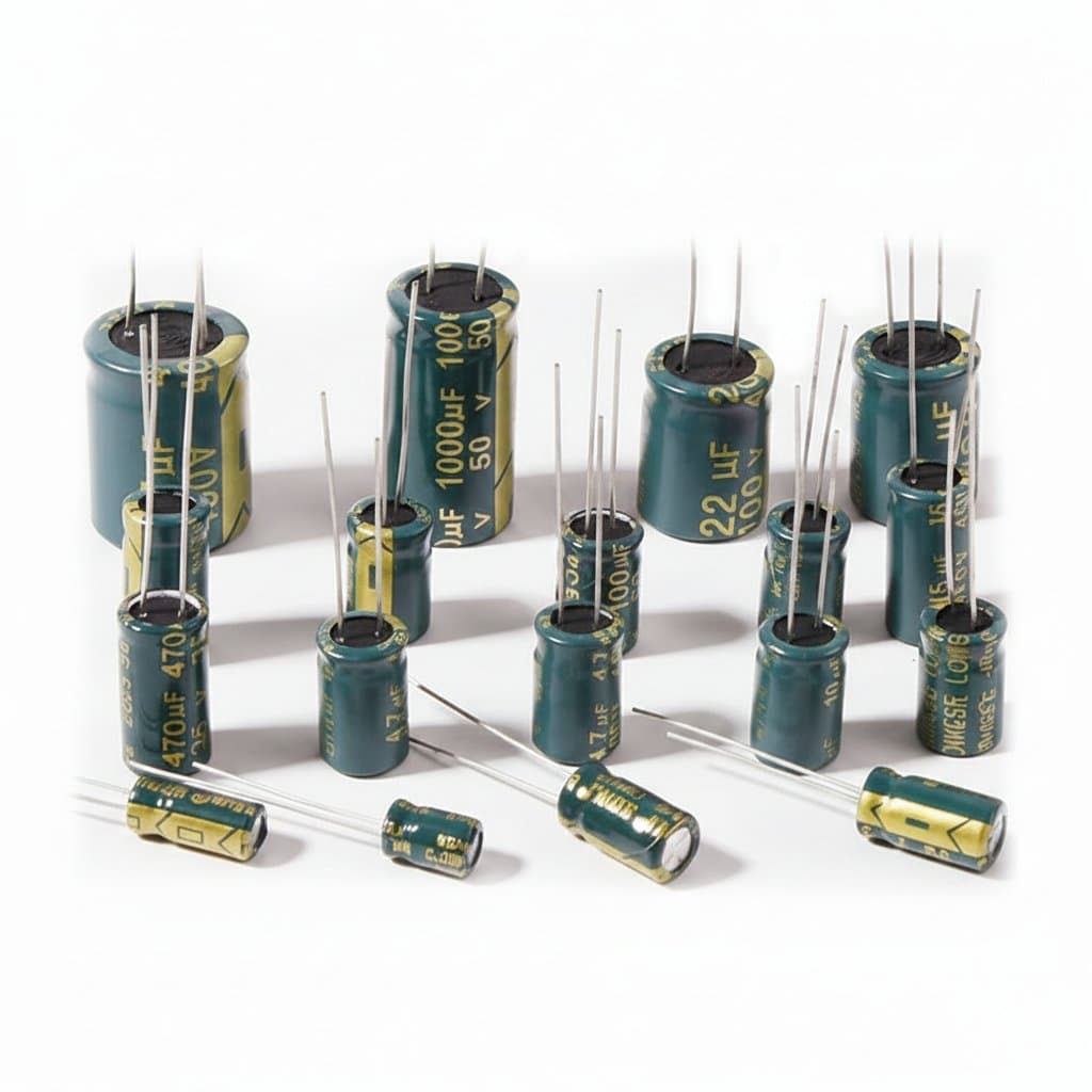 Assorted kit of aluminum electrolytic capacitors with values from 0.1uF to 1000uF and voltages 16V, 25V, 50V, neatly organized in a compartment box.