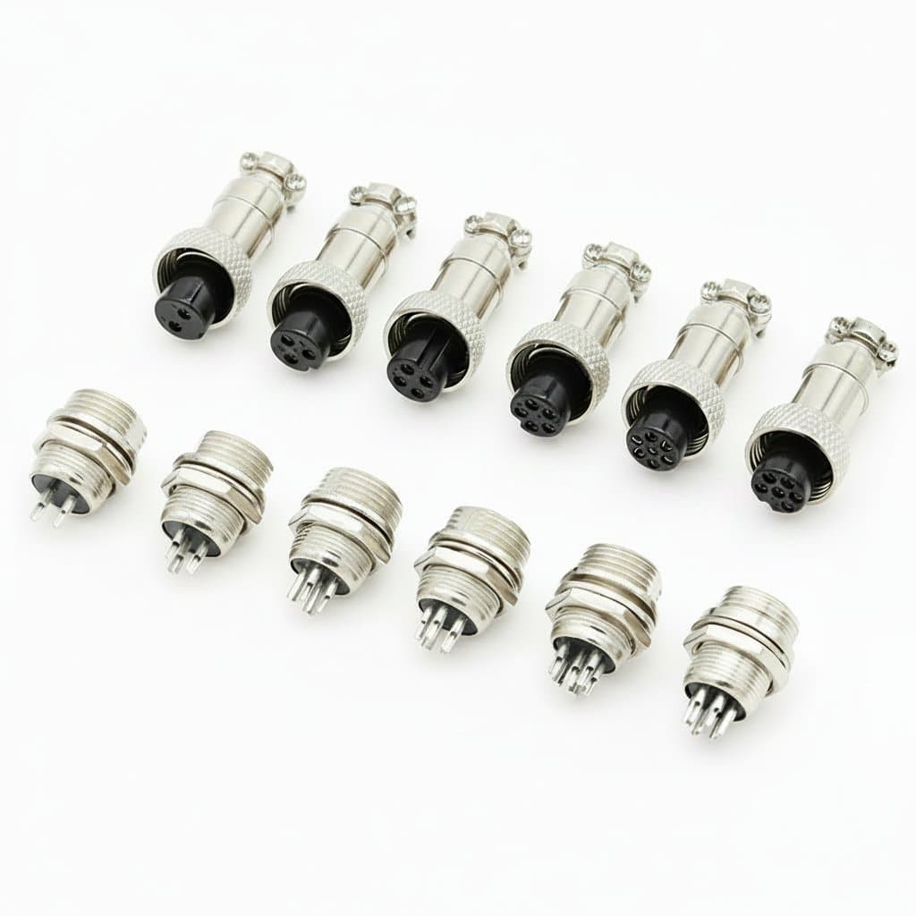 GX12 2 to 7 pin aviation connector set with male and female circular metal plugs, panel socket, and butting wire cable for secure electrical connections.