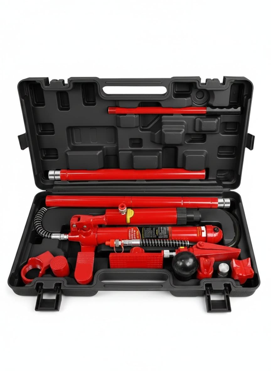 Professional 4T Separate Hydraulic Jack for dent removal and sheet metal repair, featuring a hydraulic ram and shaping tools on a workbench.