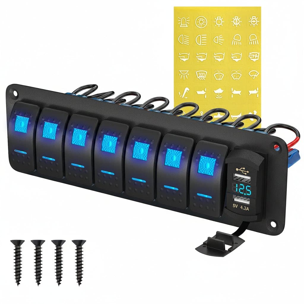 Marine-Grade 7-Gang Rocker Switch Panel | Waterproof with USB Charger & Voltmeter