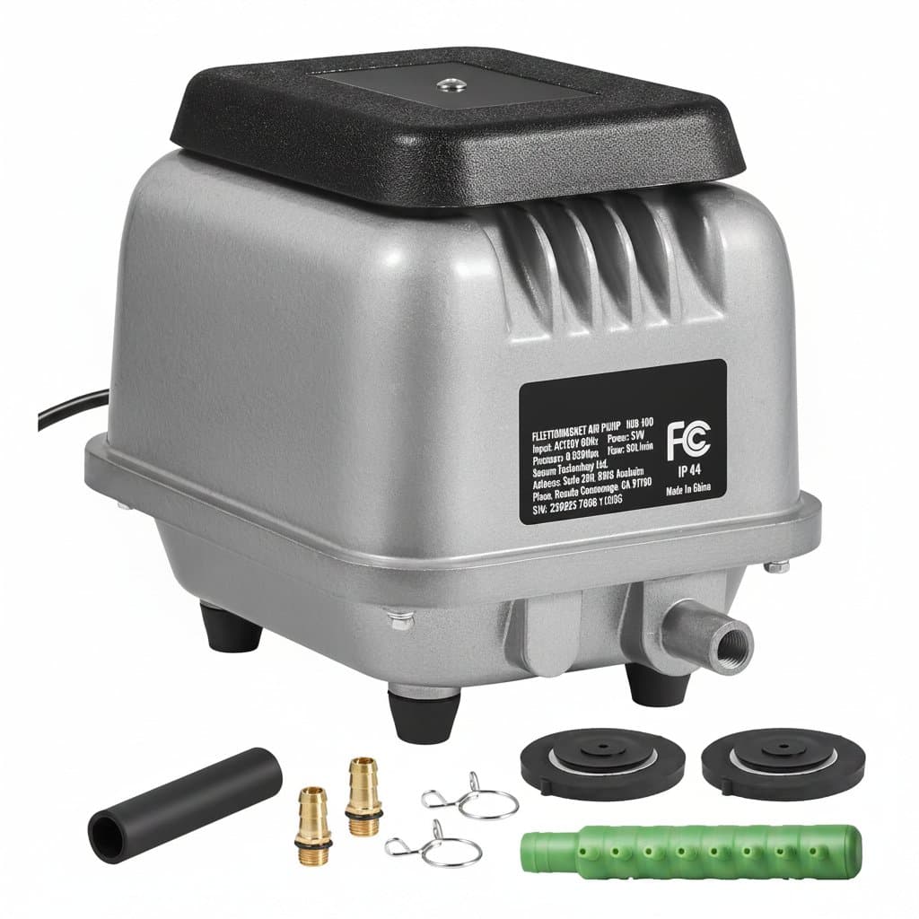 Linear air pump delivering 90-109L/min for septic aeration, water gardens, and wastewater treatment with efficient oxygen transfer.