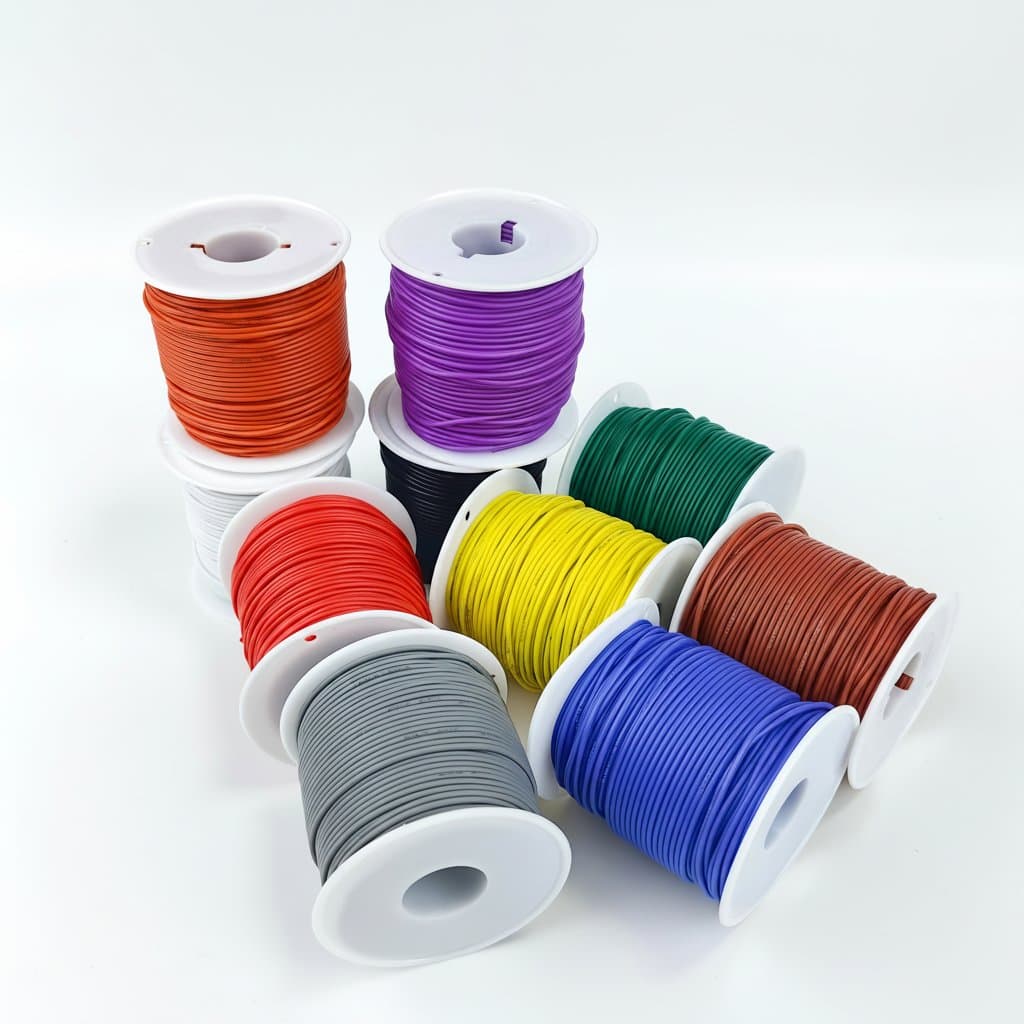10-color assortment of silicone insulated hookup wire on spools, featuring tinned copper strands in AWG sizes 12 through 30 for electronics projects.