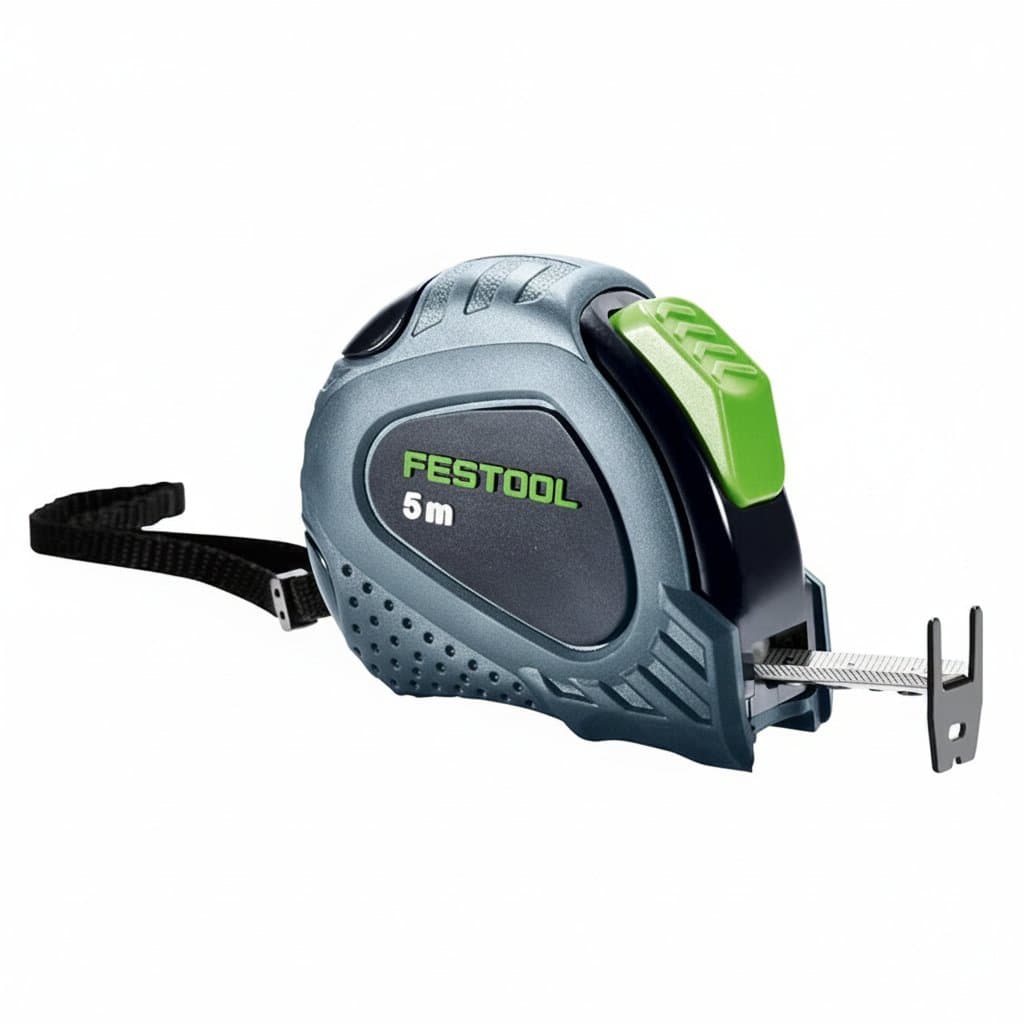 Festool MB 5m tape measure with belt clip, featuring a rubberised plastic housing and an adjustable end hook for accurate measurements.