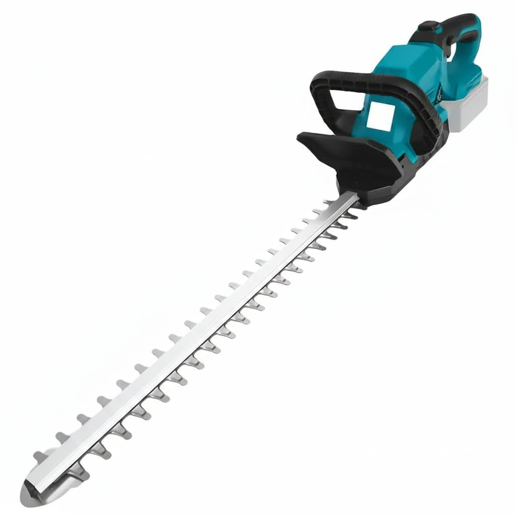 Brushless hedge trimmer with accessories, digital display showing 100% charge.