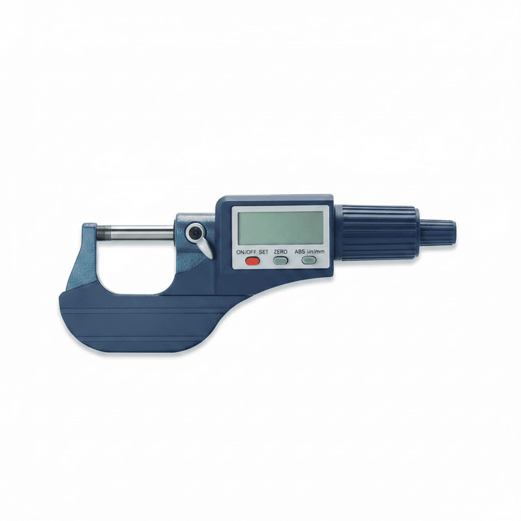 An electronic outside micrometer with 0.001 MM precision and an extra-large LCD screen, measuring 0-25 MM.
