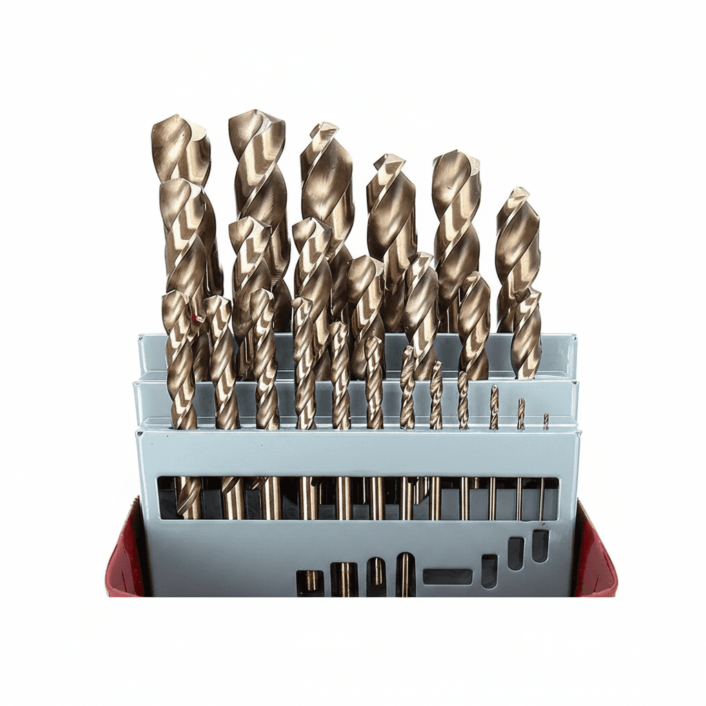 A high-performance M35 cobalt drill bit set with straight shanks, ideal for drilling stainless steel, metal, and wood.
