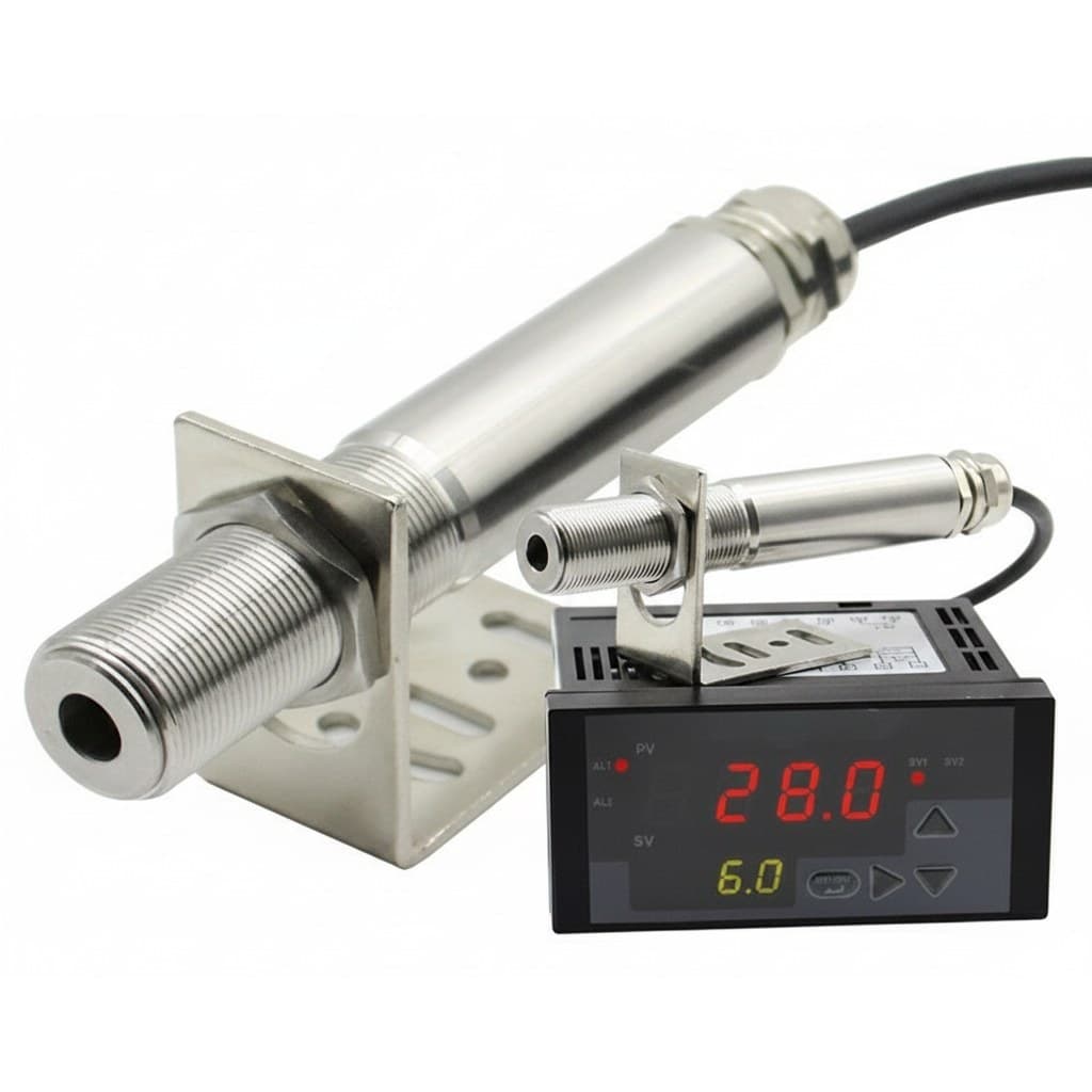 A compact industrial infrared temperature sensor with a 4-20mA output, shown from an angled perspective.