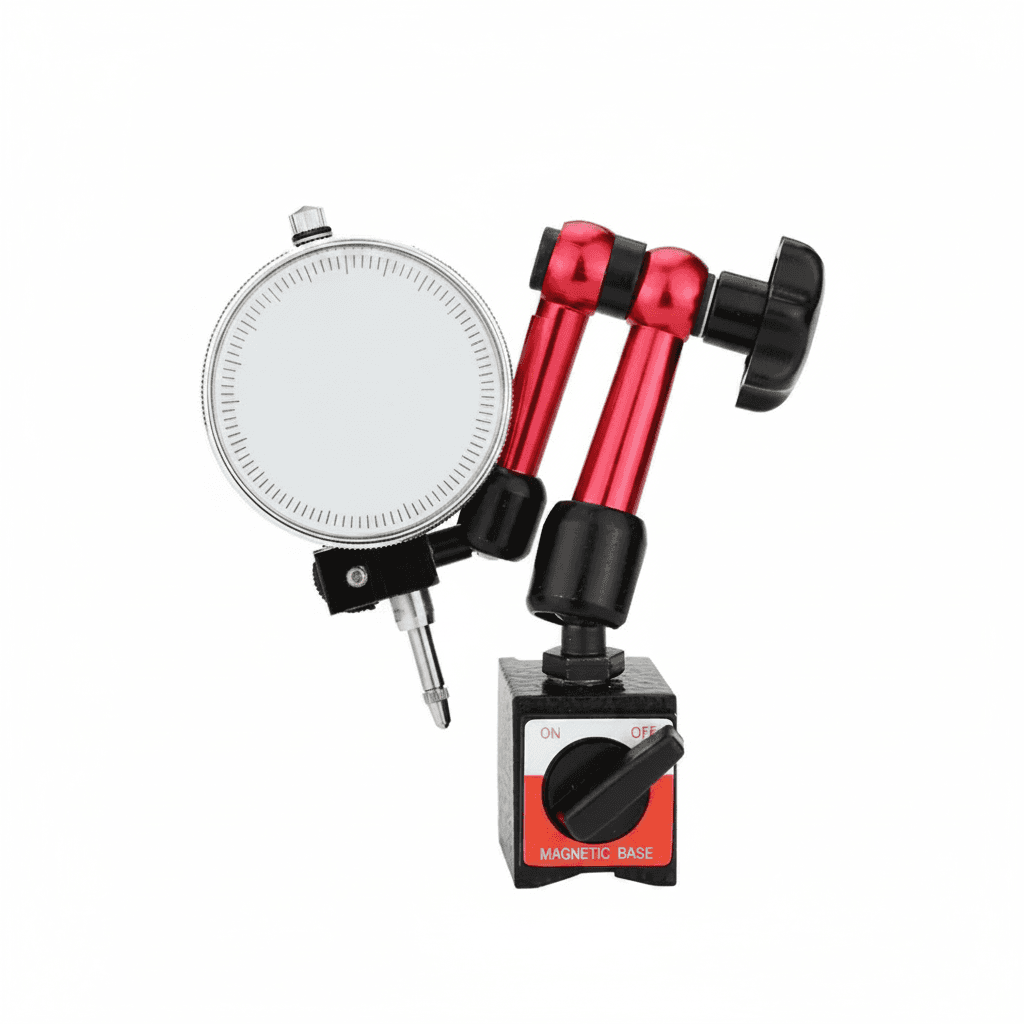 A magnetic holder for a dial indicator, providing a stable base for precise measurement tools.