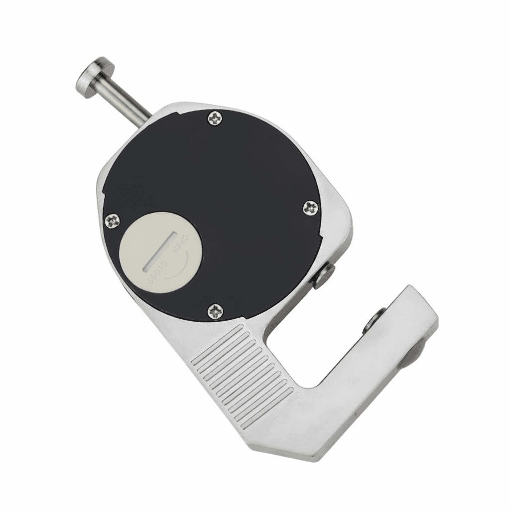 A digital thickness gauge for precise measurement of metal, featuring an imperial and metric display.