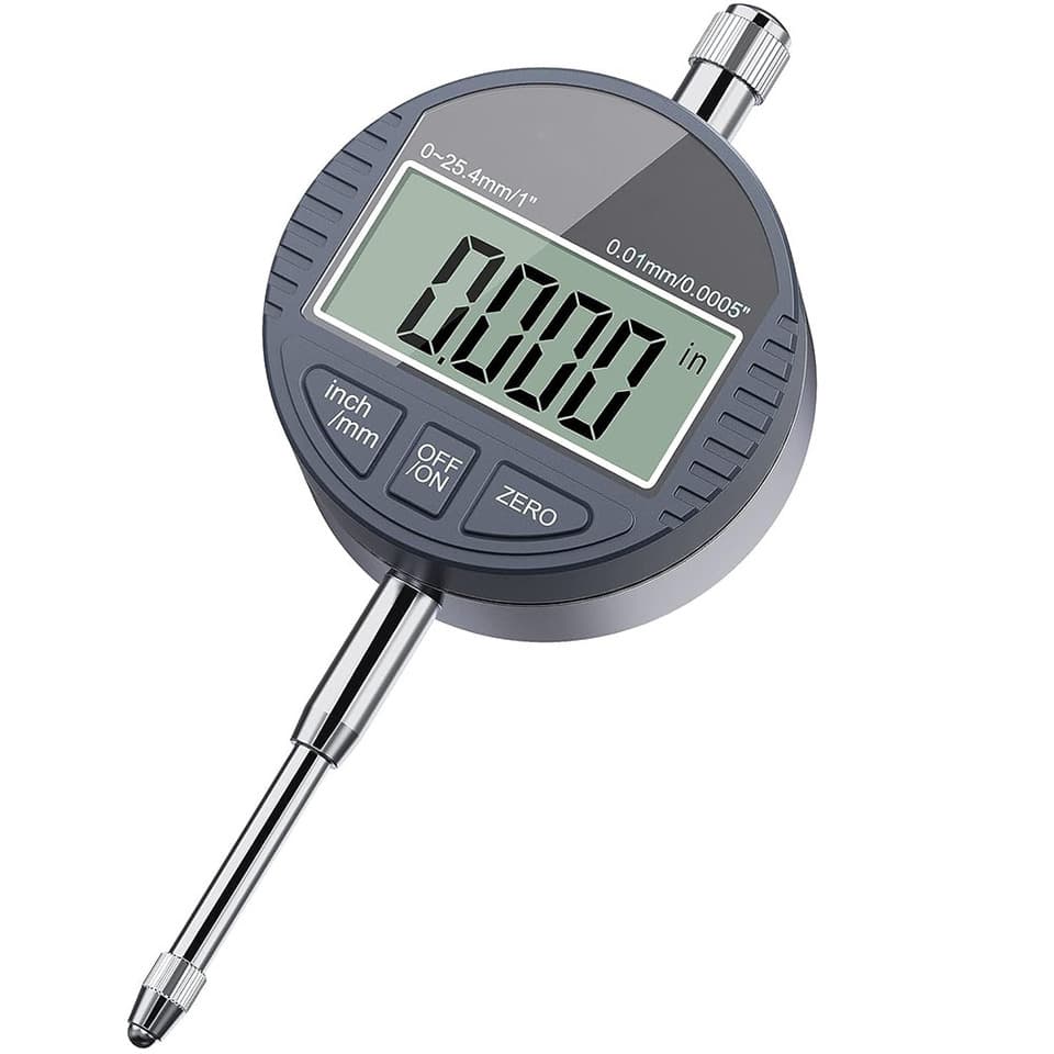 A digital dial indicator with a 0-12.7mm/0.5" range for precise measurements of 0.01mm/0.005" accuracy.