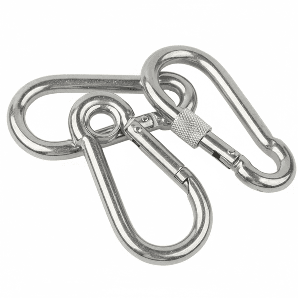A 1-5 piece set of M4-M8 304 stainless steel spring snap carabiner quick link lock ring hook, also known as a bow shackle.