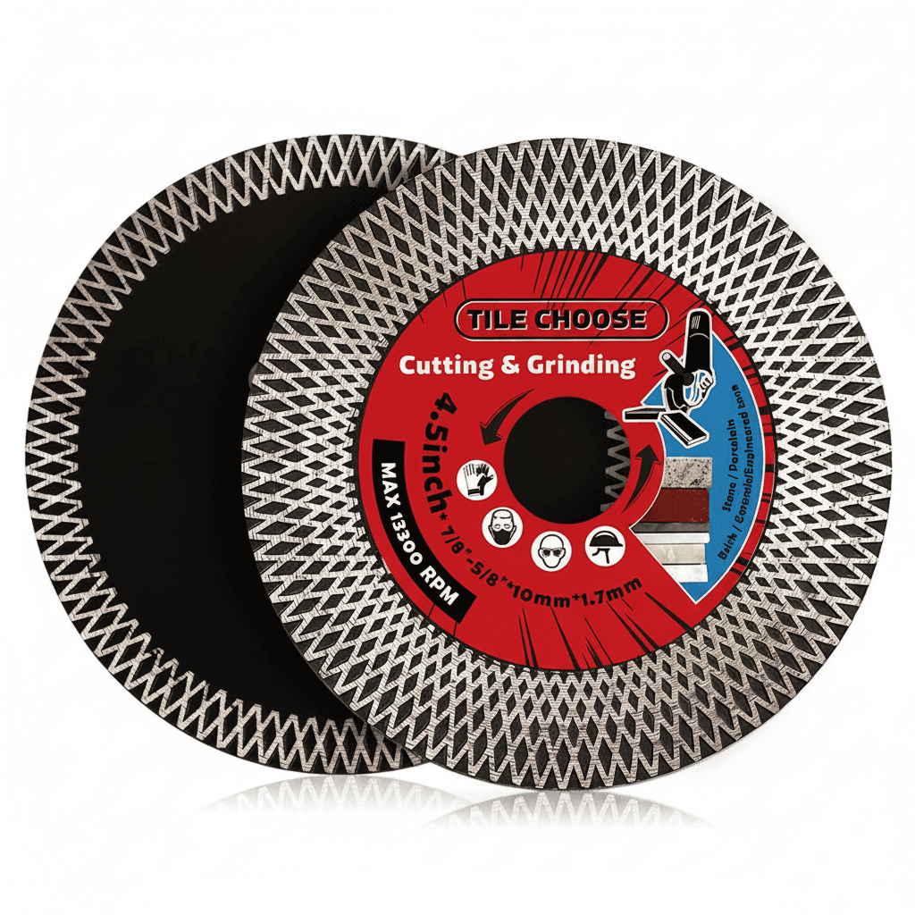 A 115mm-125mm super tile blade with turbo porcelain diamond disc, ideal for cutting and grinding ceramic, an alternative to flap discs.