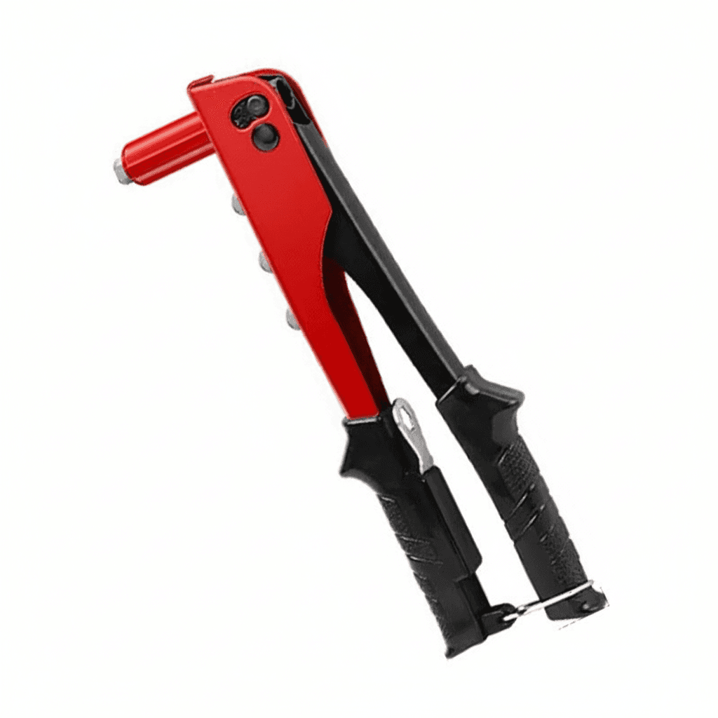 A robust manual rivet gun designed for professional use, featuring a high-leverage handle for easy operation.