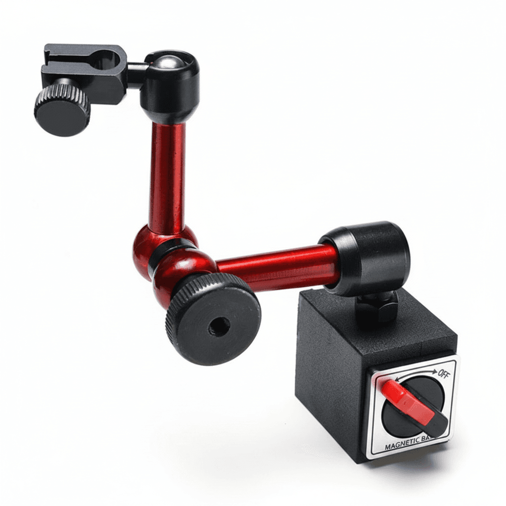 A precision dial indicator set with 0.01mm resolution, including a flexible magnetic base stand for calibration.