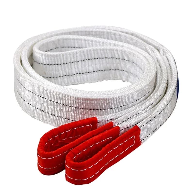 A white polyester industrial lifting sling, 1 ton capacity, 3 meters long, for hoisting and cargo lifting.
