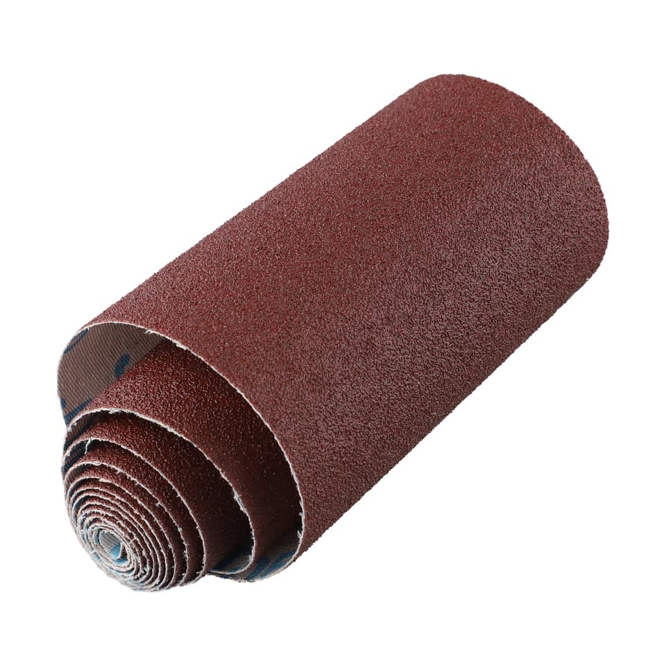 A selection of sandpaper rolls and abrasive sheets with various grits, suitable for an orbital sheet sander.