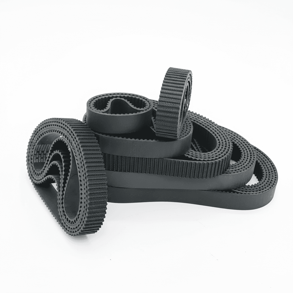 A collection of black HTD3M timing belt loops, ranging from 90mm to 255mm in length, available in 6mm, 10mm, and 15mm widths.