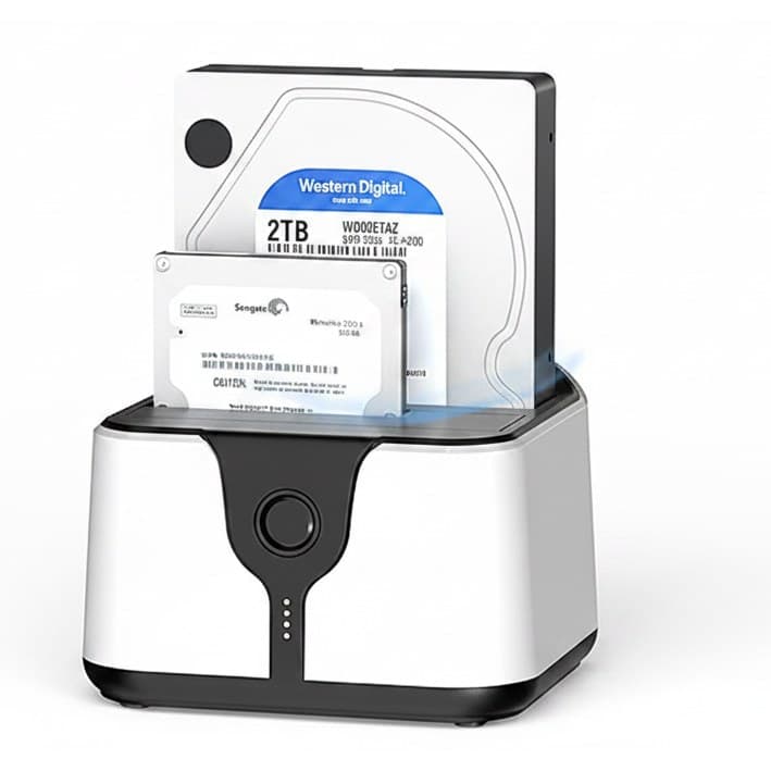 A 2 Bay hard drive docking station for 2.5 and 3.5 inch SSD/HDD, supporting offline cloning and USB 3.0.