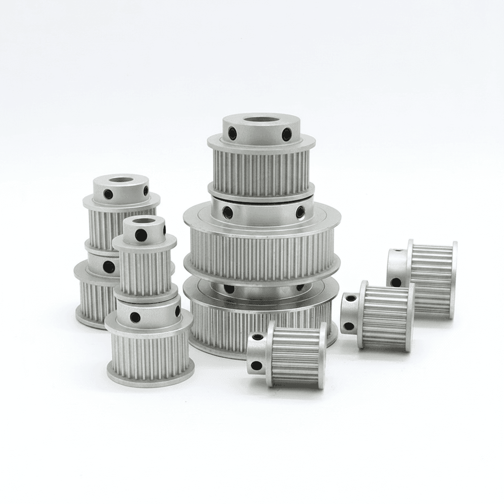 An array of silver HTD 3M timing pulleys with 20T, 30T, 40T, and 60T options, suitable for 10mm and 15mm wide belts.