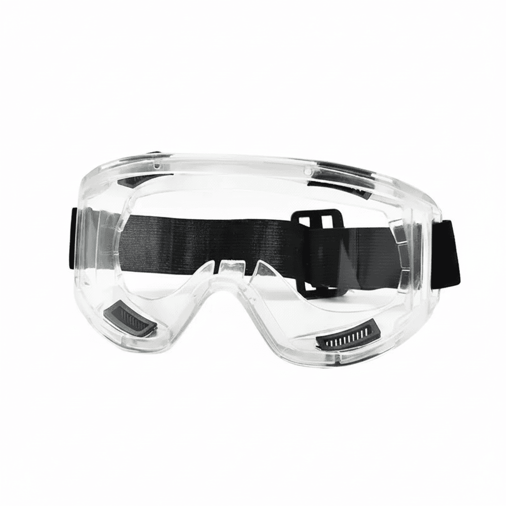 Clear lens safety goggles offering anti-splash and dust-proof protection for industrial and lab work.