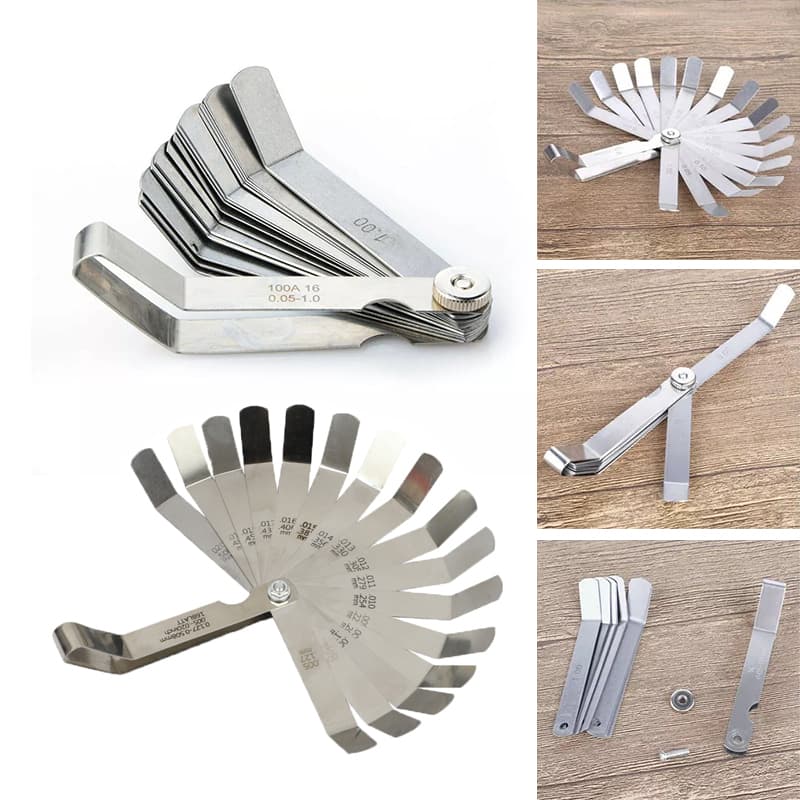 A 16-blade feeler gauge set with 0.05-1.0mm and 0.127-0.508mm ranges for precise thickness measurement.