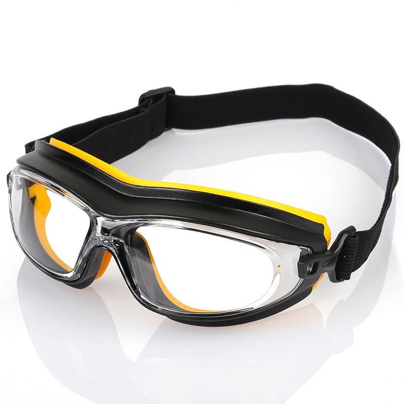 Protective safety goggles, shock-resistant and anti-splash, designed for dust, wind, and chemical protection.