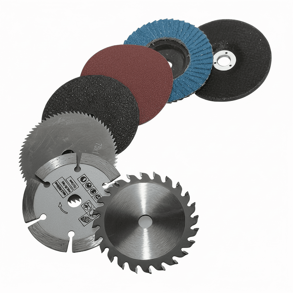 A set of seven Procut 3-inch circular saw blades with a 75mm grinding disc, featuring durable steel structure and includes chain saw disc blades, ideal for various cutting tasks and compatible with flap discs.