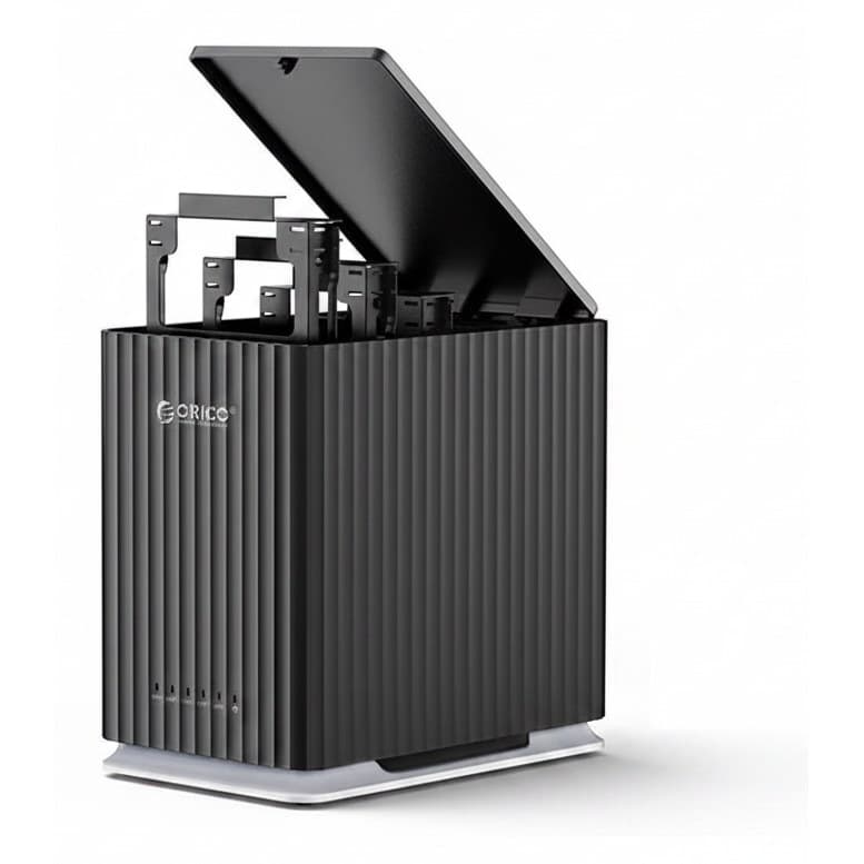Five-bay hard drive docking station for 2.5 and 3.5 inch SATA drives.