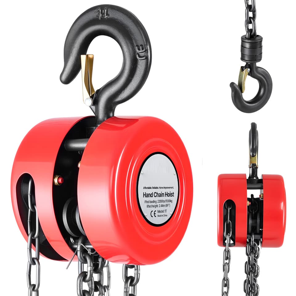 SucceBuy 1T/2T hand chain hoist with 8/10/20ft lifting height, ideal for garage and warehouse use.